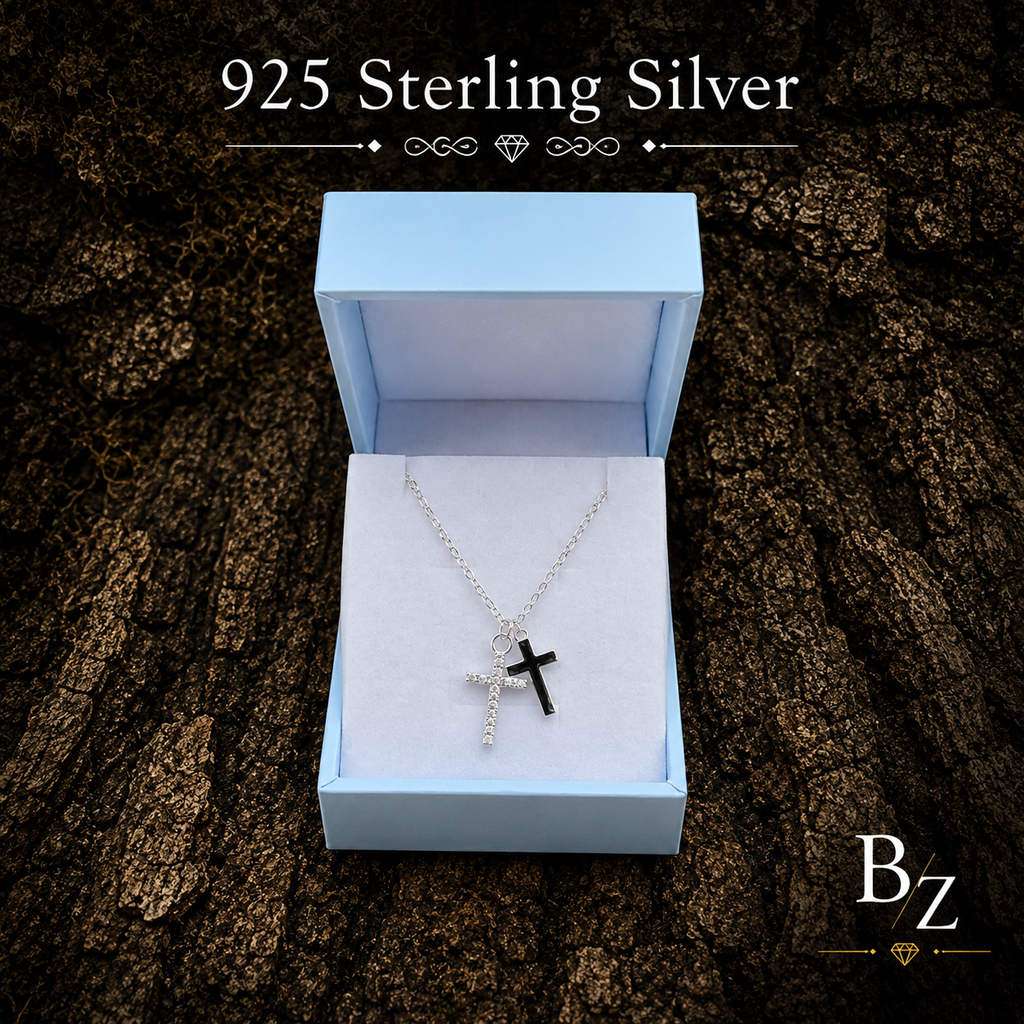 925 Sterling Silver Double Cross Necklace presented in FREE Gift Box