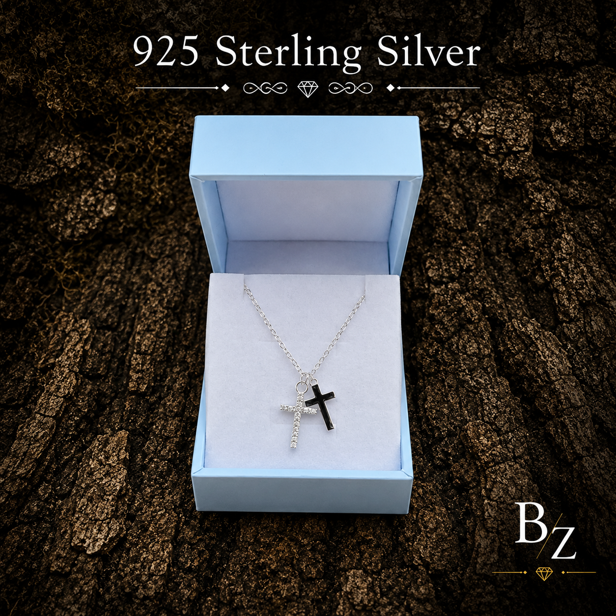925 Sterling Silver Double Cross Necklace presented in FREE Gift Box