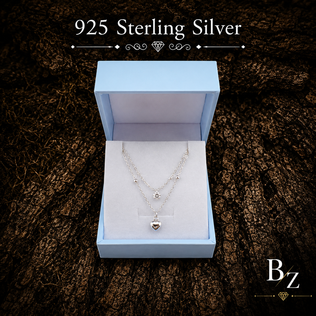 925 Sterling Silver Double Layer Heart Necklace presented in FREE Gift Box