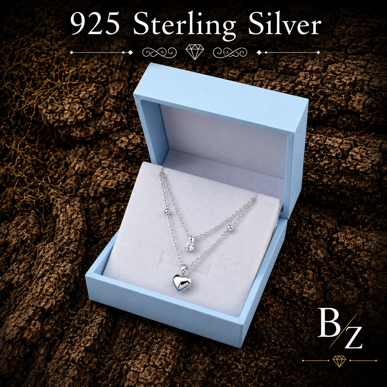 925 Sterling Silver Double Layer Heart Necklace presented in FREE Gift Box