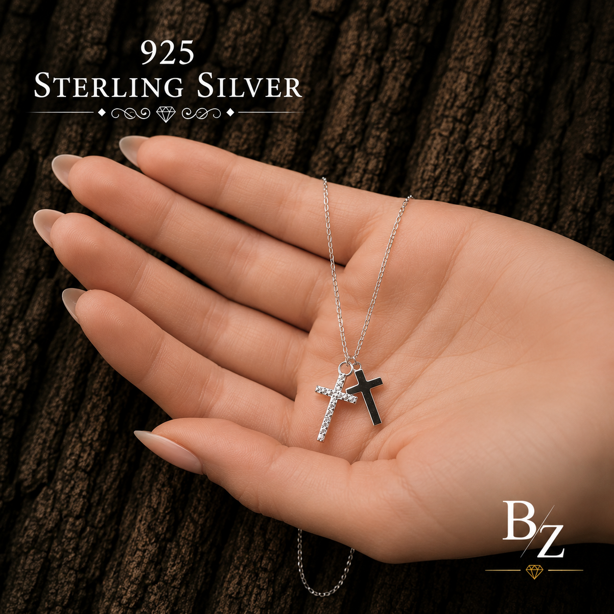 925 Sterling Silver Double Cross Necklace shown in hand for size reference