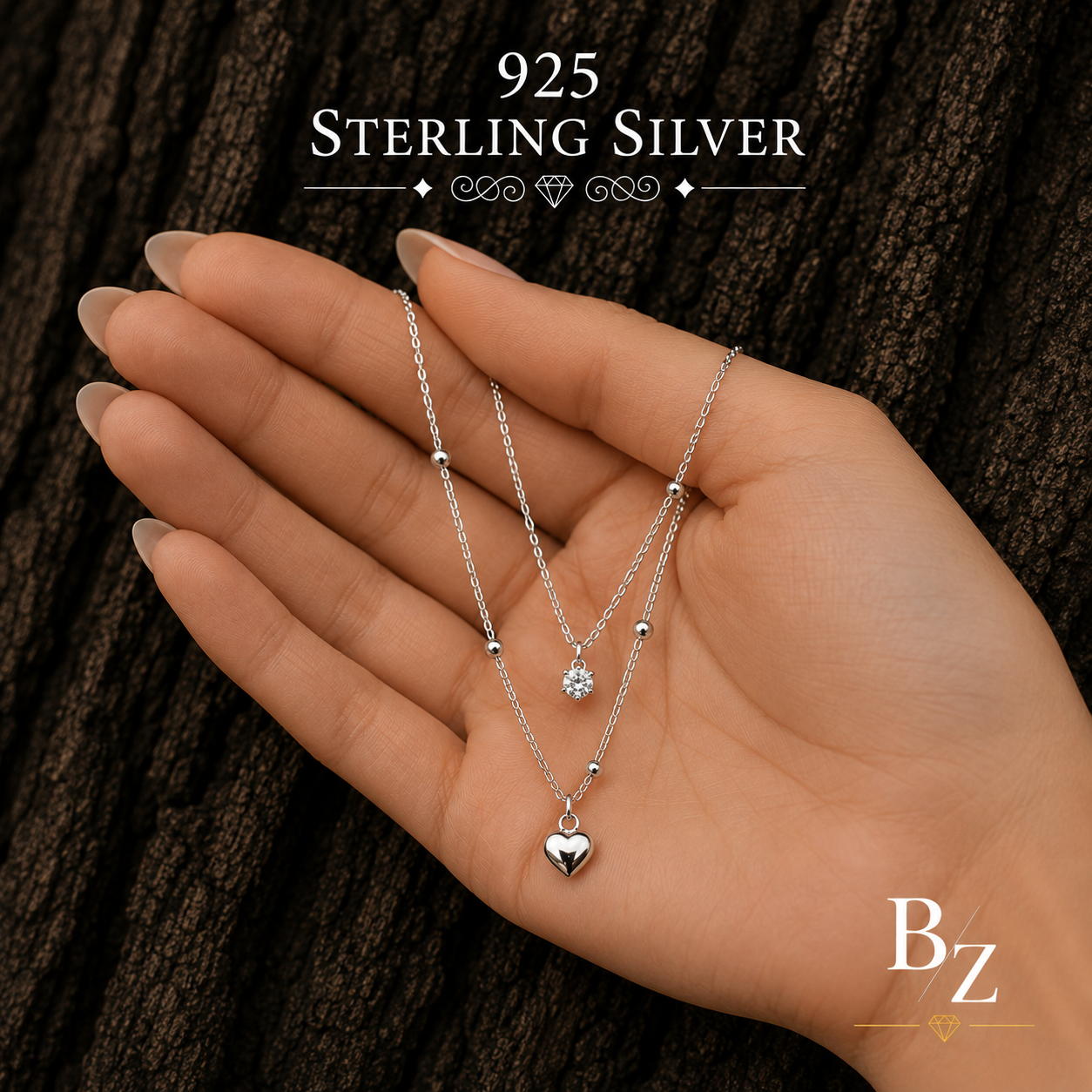 925 Sterling Silver Double Layer Necklace shown in hand for size reference