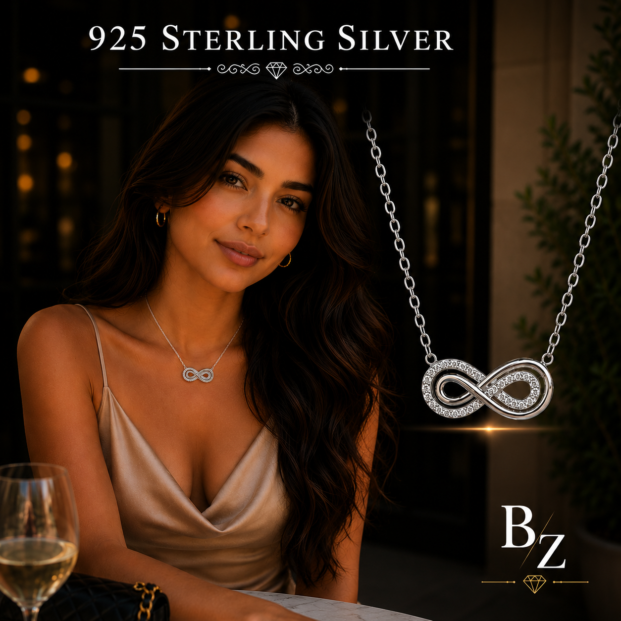 Woman wearing 925 Sterling Silver Infinity Necklace