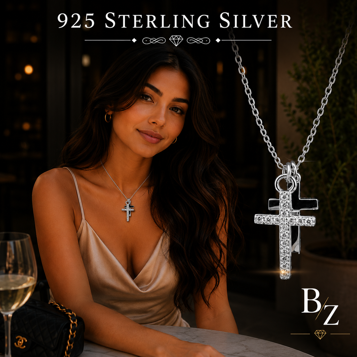 Woman wearing 925 Sterling Silver Double Cross Necklace
