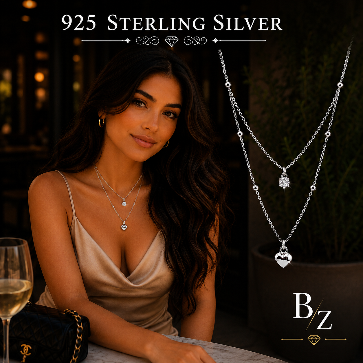 Woman wearing 925 Sterling Silver Double Layer Heart Necklace