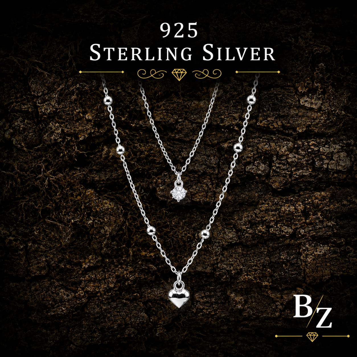 925 Sterling Silver Double Layer Heart Necklace with Cubic Zirconia