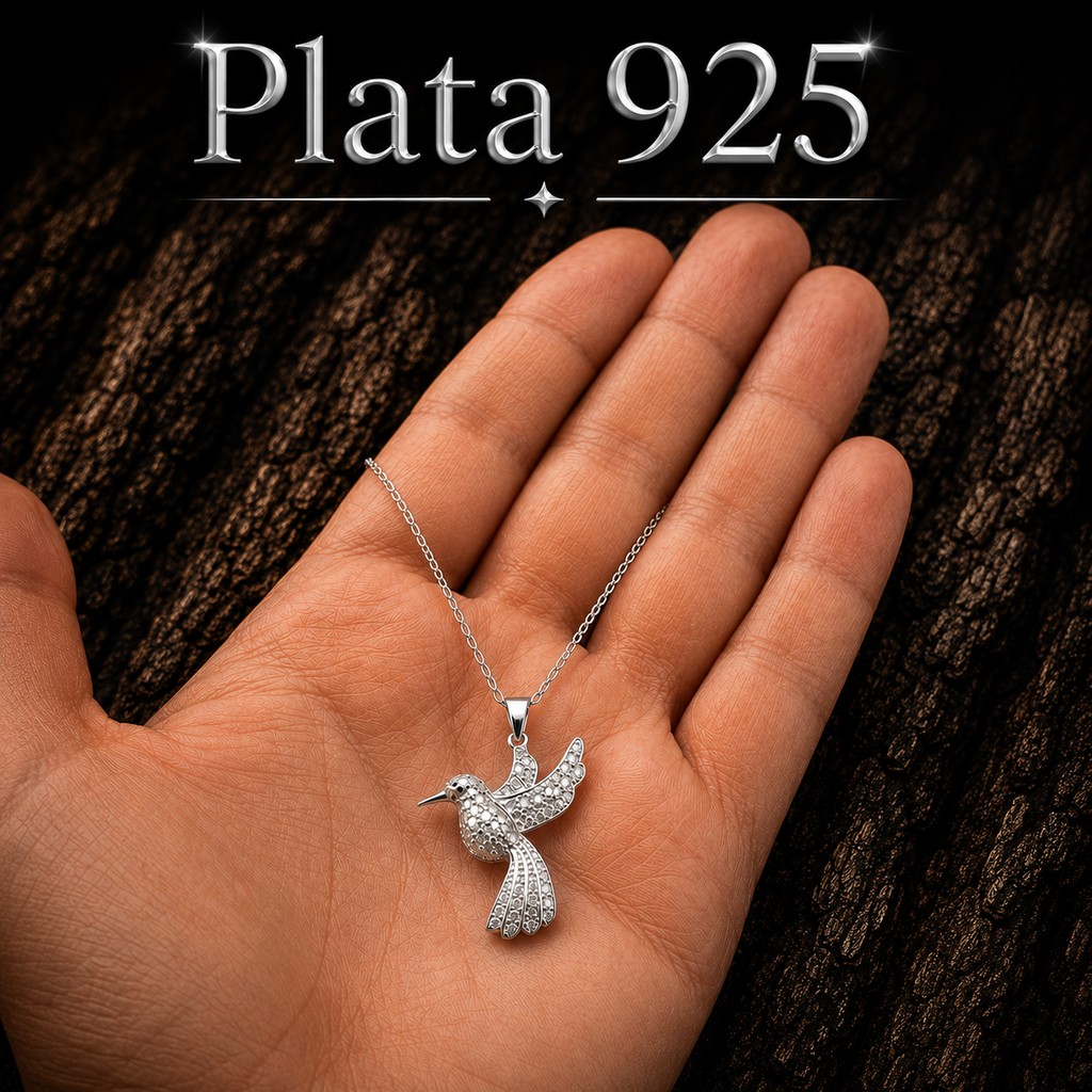 925 Sterling Silver Hummingbird Necklace shown in hand for size reference