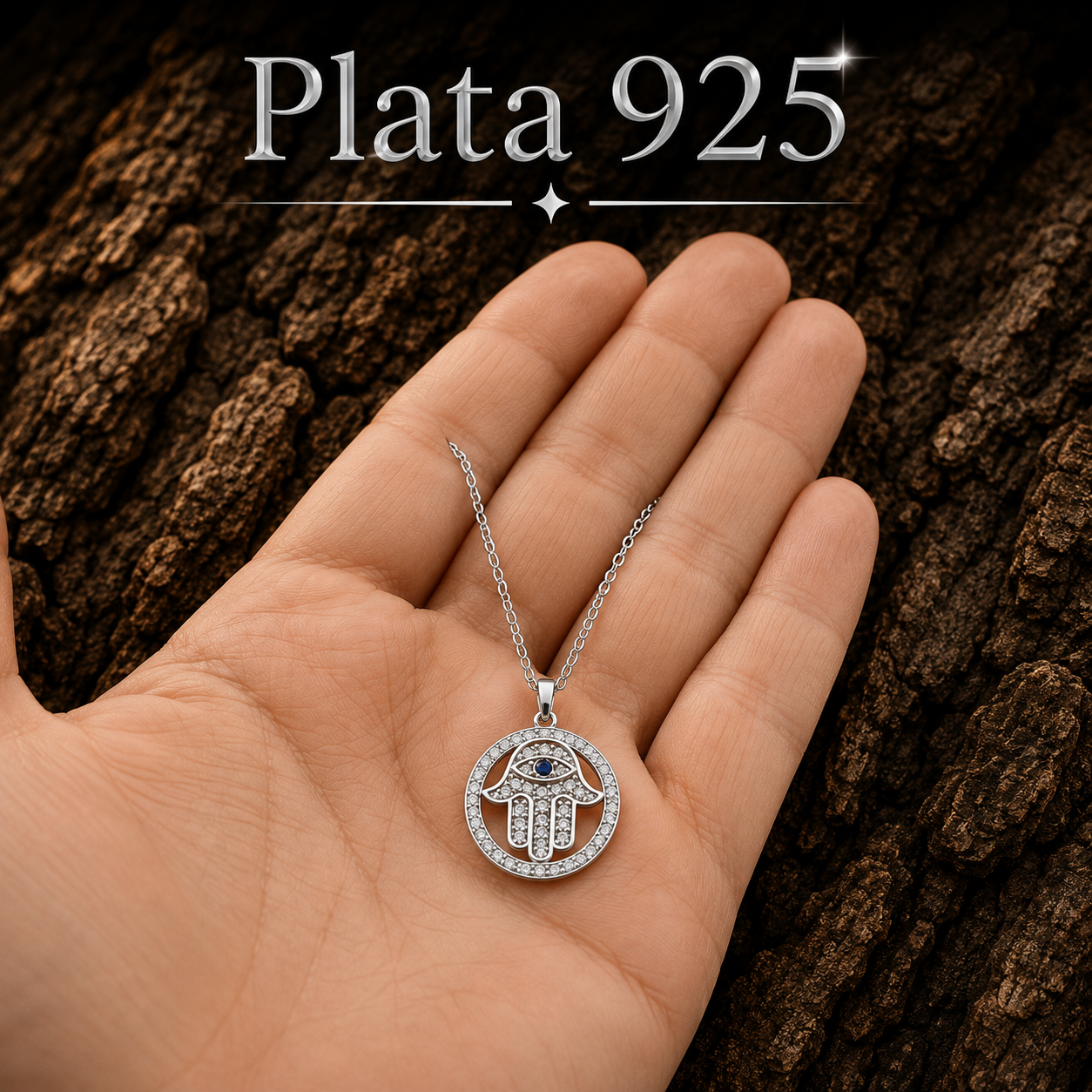 925 Sterling Silver Hamsa Hand Necklace shown in hand for size reference