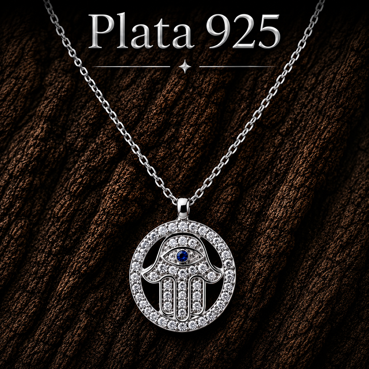 925 Sterling Silver Hamsa Hand Necklace with Blue Evil Eye and Cubic Zirconia