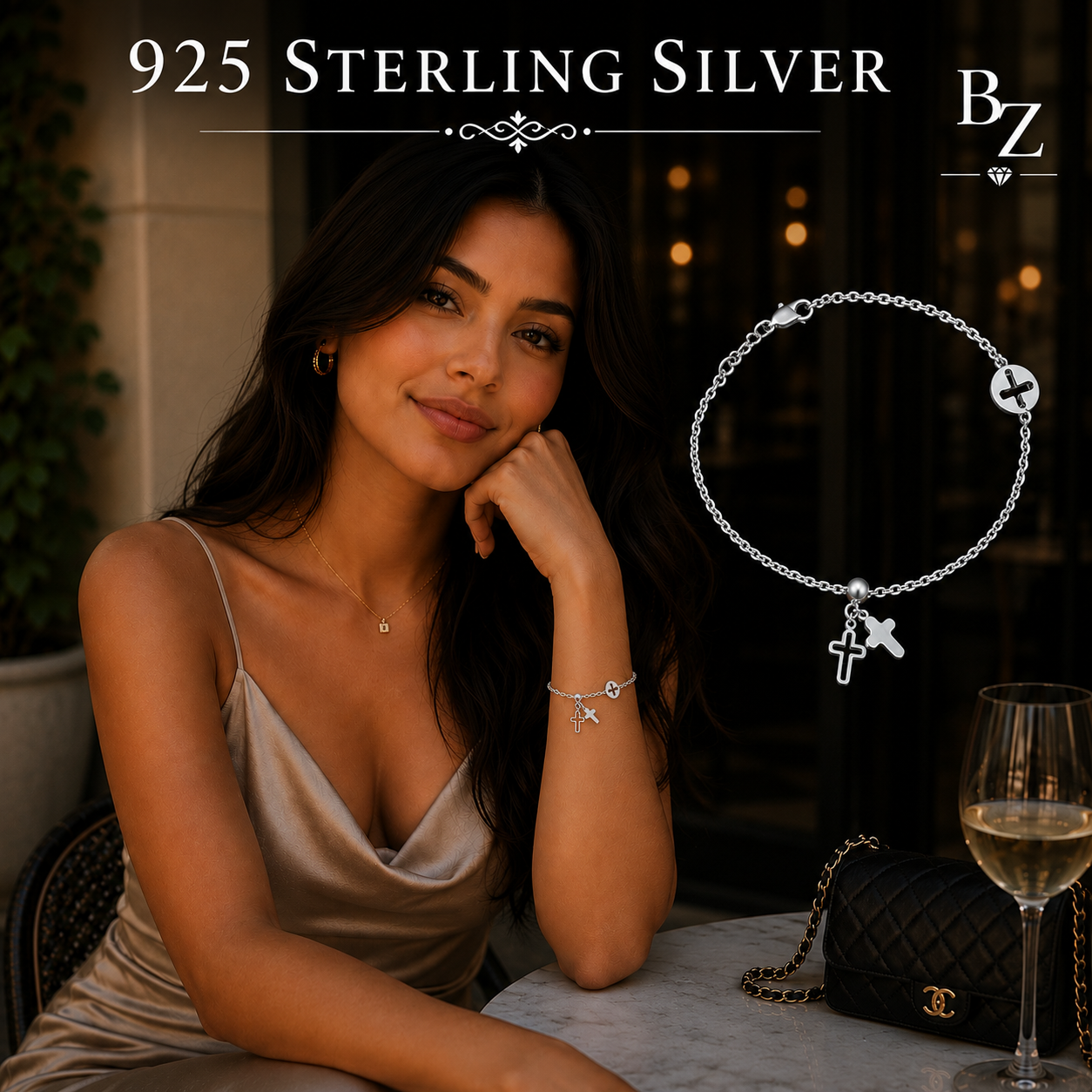 Woman wearing a 925 Sterling Silver Cross Charm Bracelet