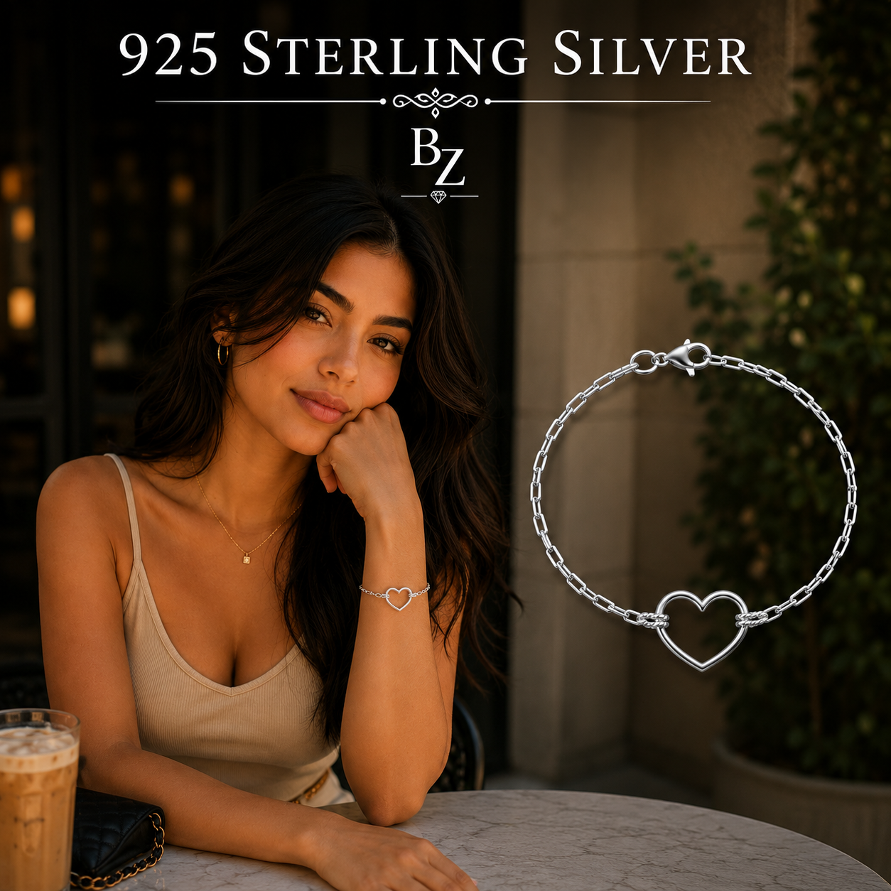 Woman wearing a 925 Sterling Silver Open Heart Bracelet