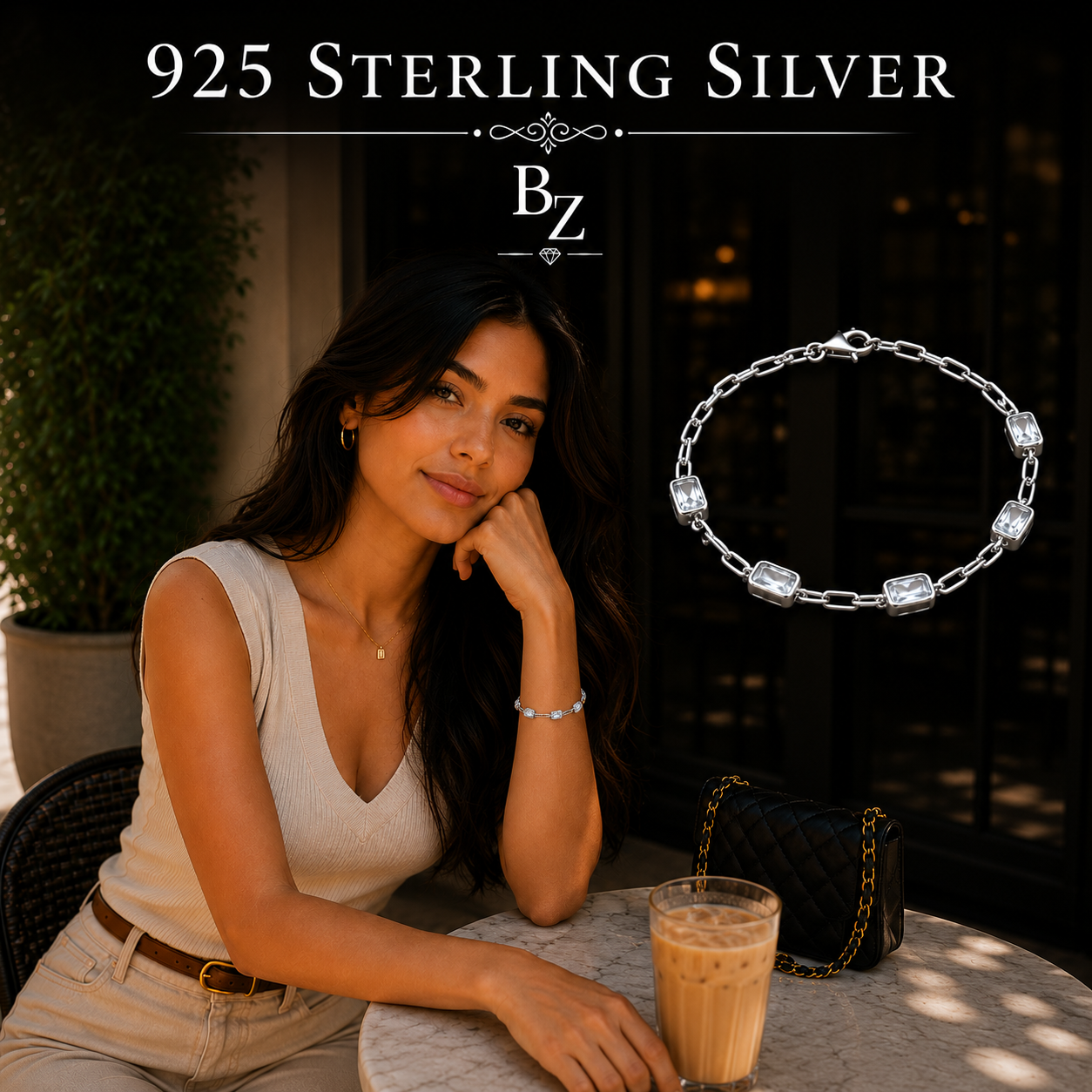 Woman wearing a 925 Sterling Silver Cubic Zirconia Station Bracelet
