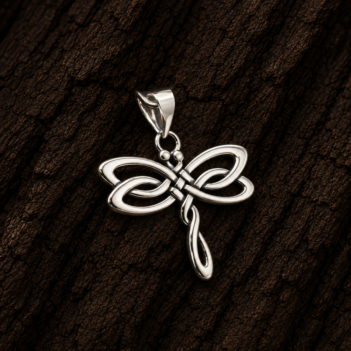 Close-up of 925 Sterling Silver Celtic Dragonfly Pendant