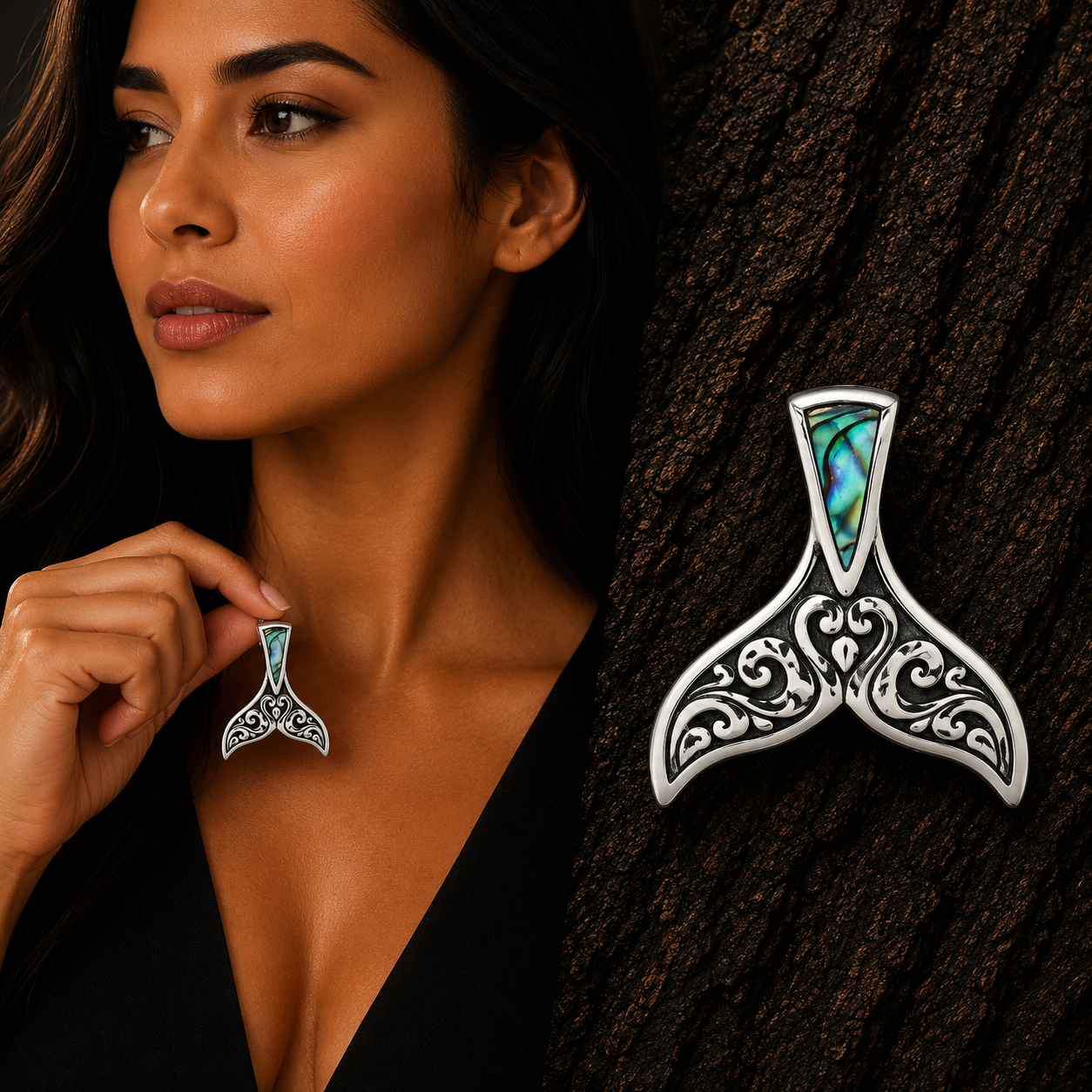 Woman wearing a 925 Sterling Silver Abalone Whale Tail Pendant Necklace