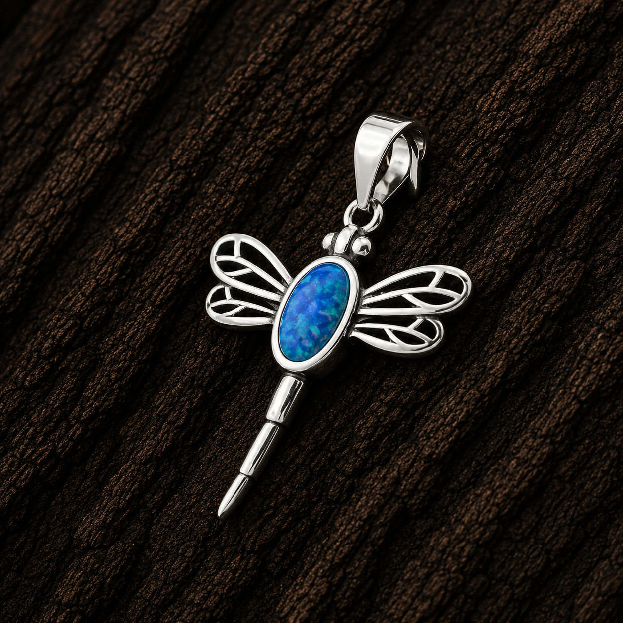 Close-up of 925 Sterling Silver Blue Lab Opal Dragonfly Pendant