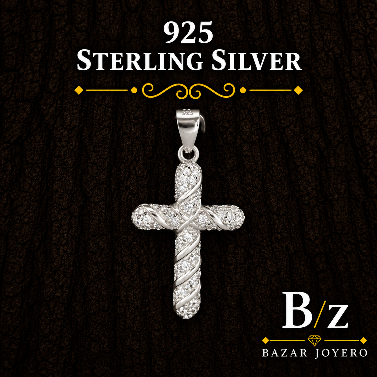 925 Sterling Silver White CZ Braided Cross Pendant