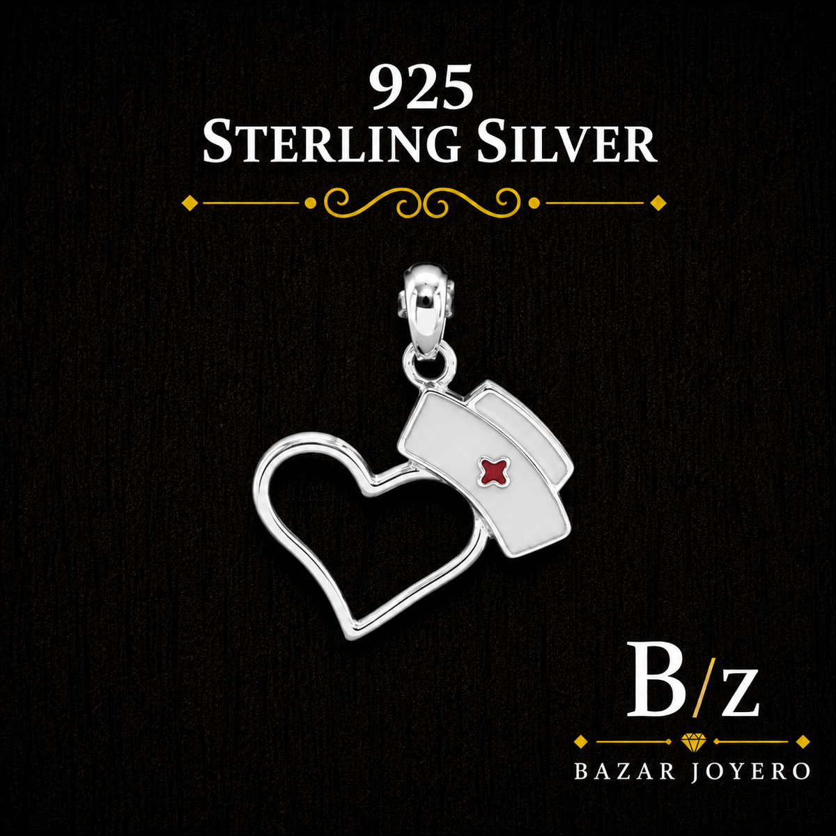 925 Sterling Silver Nurse Hat and Heart Pendant with white and red enamel details