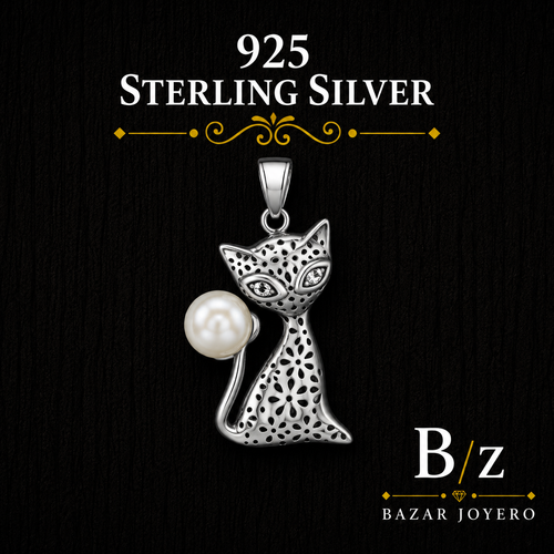 925 Sterling Silver Cat Pendant with Pearl accent and intricate openwork design