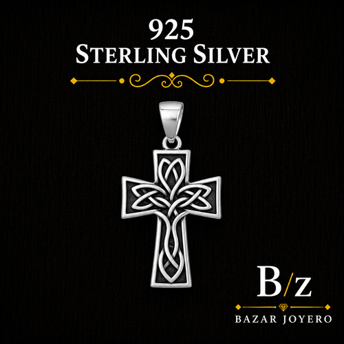 925 Sterling Silver Celtic Cross Pendant with polished knotwork and oxidized details