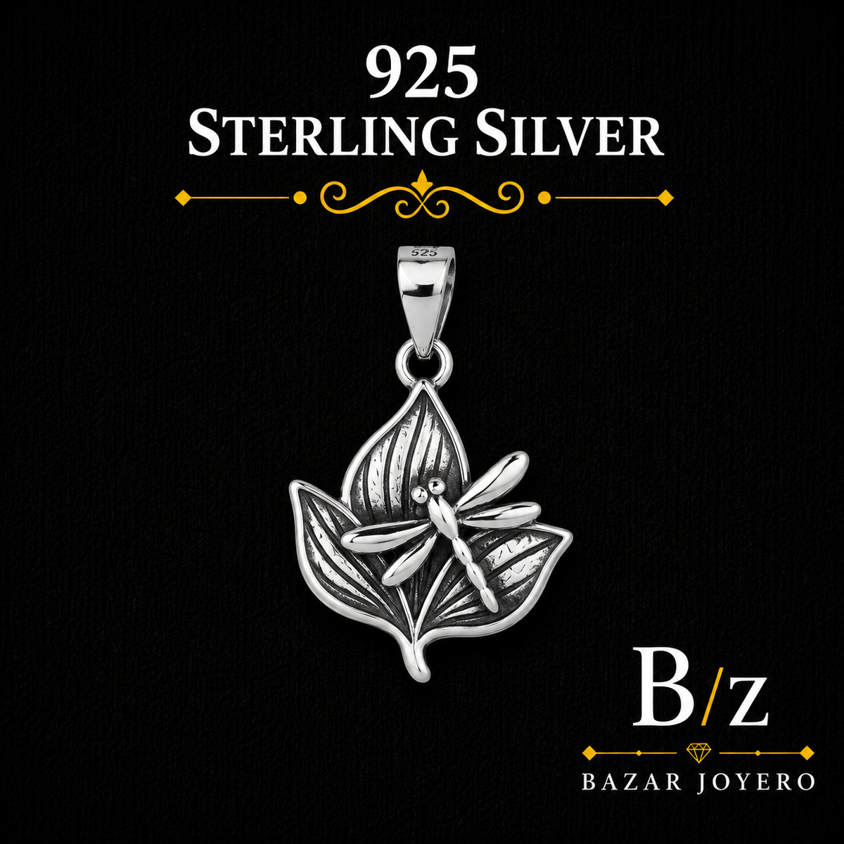 925 Sterling Silver Dragonfly and Leaves Pendant with detailed nature inspired design