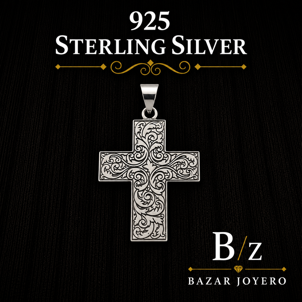 Silver cross pendant with intricate scrollwork engraving, crafted in 925 sterling silver and displayed against a dark elegant background.