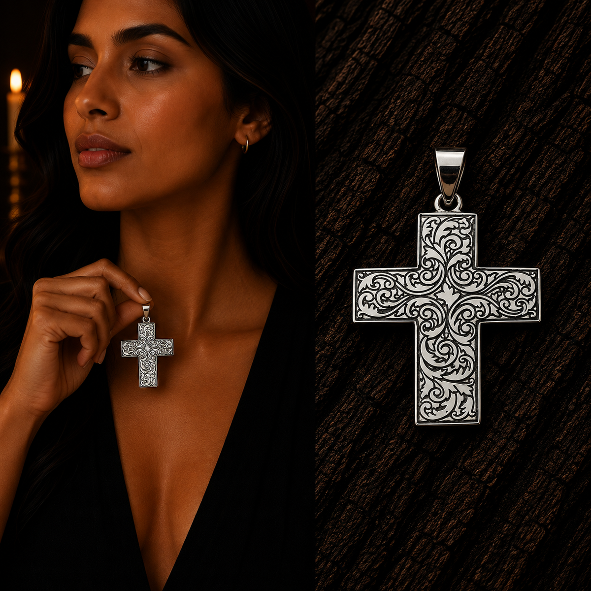 Silver cross pendant with intricate scrollwork engraving, shown with a woman for scale and displayed close-up against a dark wood background.