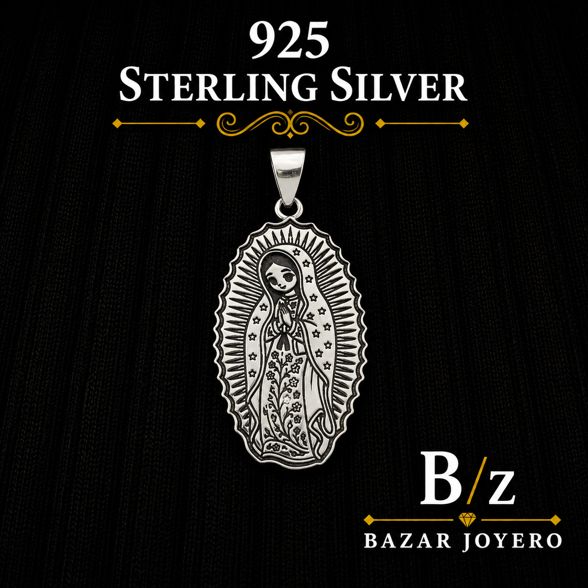 Our Lady of Guadalupe pendant with detailed engraved artwork, crafted in 925 sterling silver and displayed against a dark elegant background.