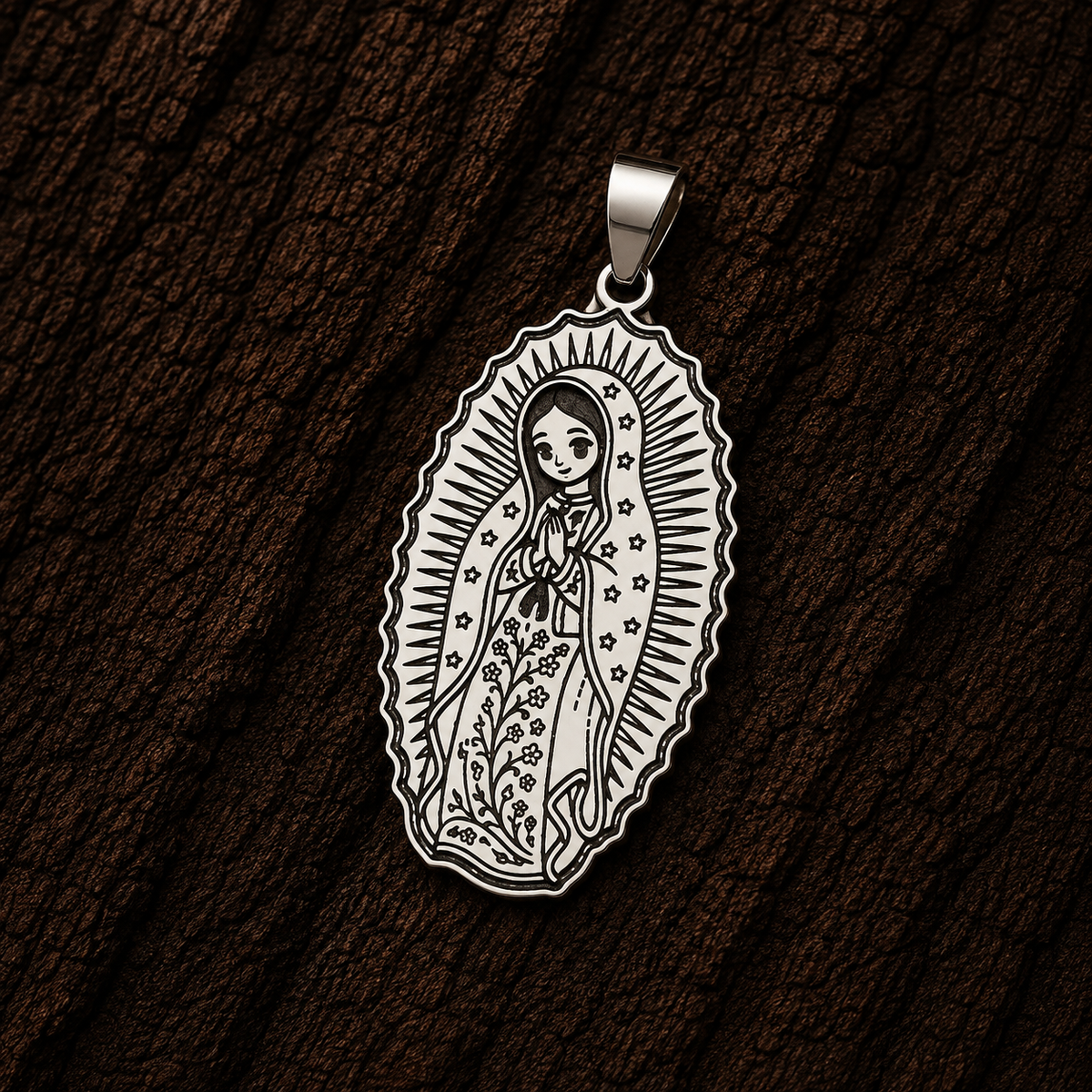 925 sterling silver Our Lady of Guadalupe pendant with detailed religious artwork, shown close-up against a dark wood background.