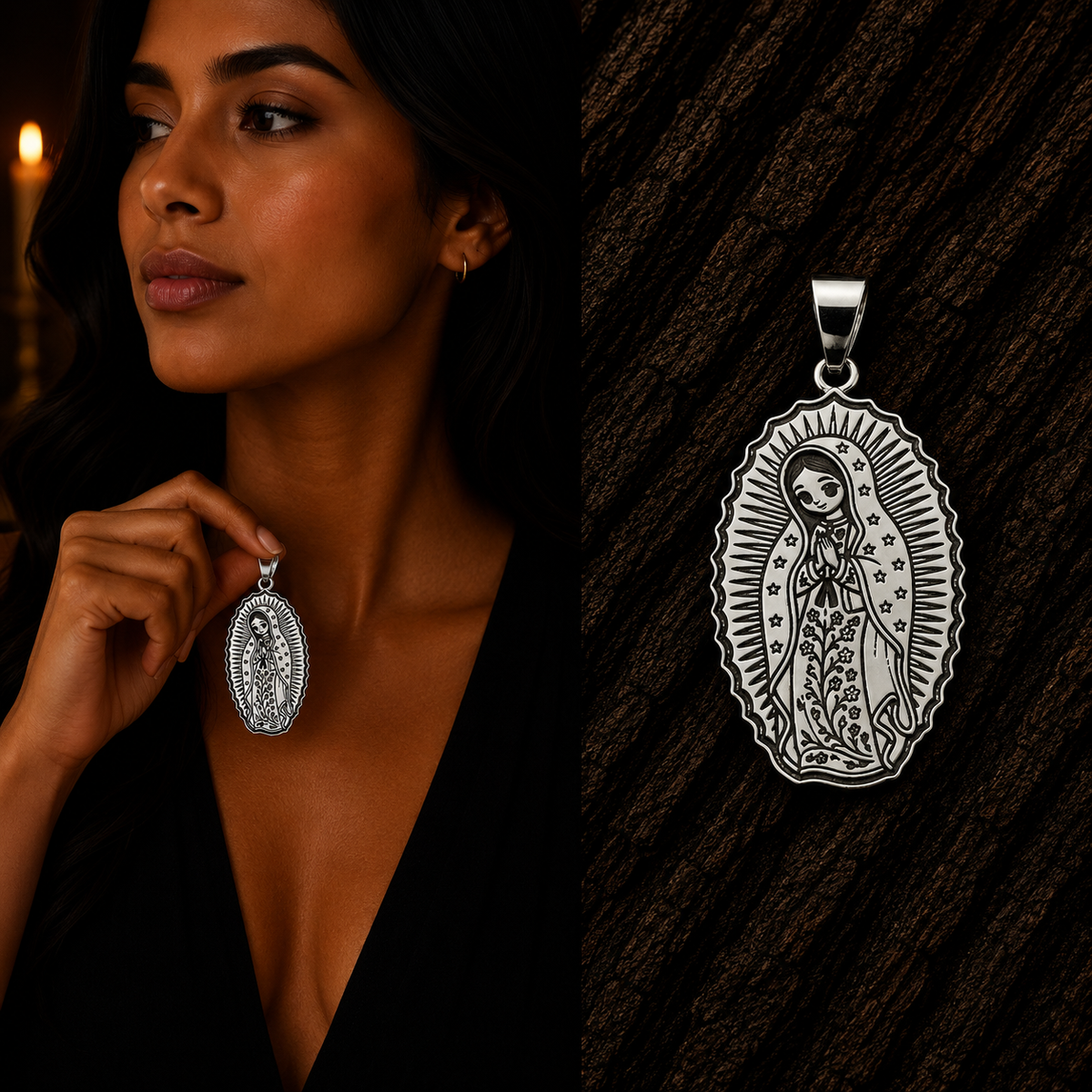 Our Lady of Guadalupe sterling silver pendant with detailed religious artwork, shown with a woman for scale and displayed close-up against a dark wood background.