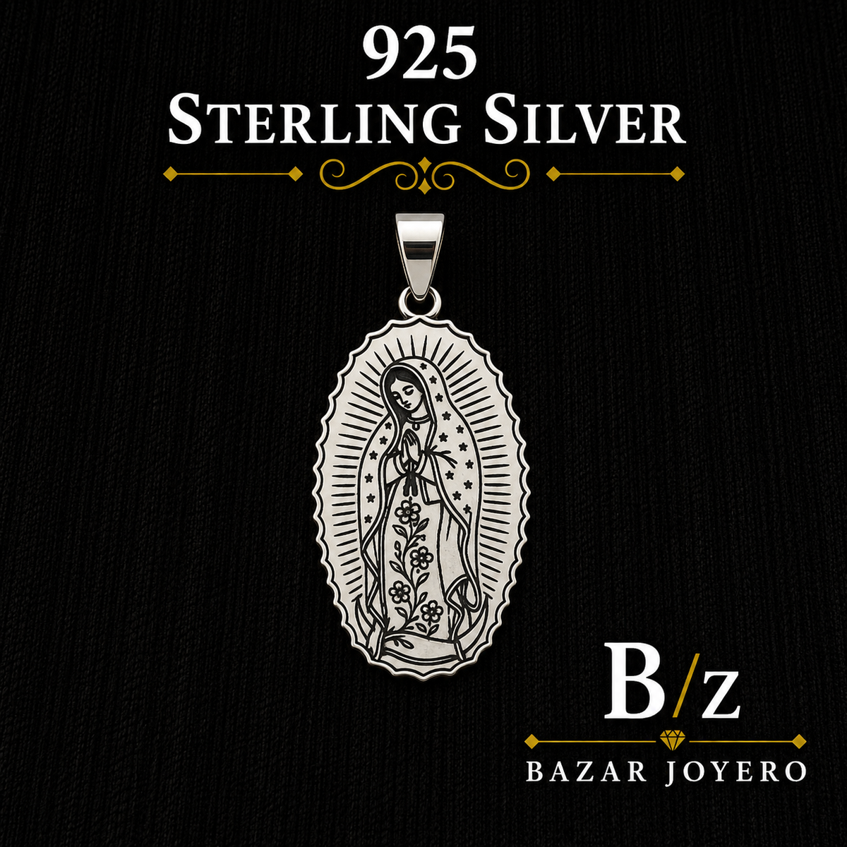 Our Lady of Guadalupe 925 sterling silver pendant featuring detailed floral artwork and a classic devotional design.