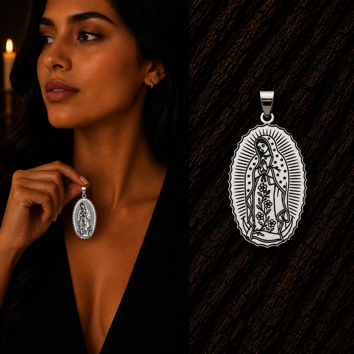 Our Lady of Guadalupe sterling silver pendant with floral artwork, shown with a woman for scale and displayed close-up against a dark wood background.