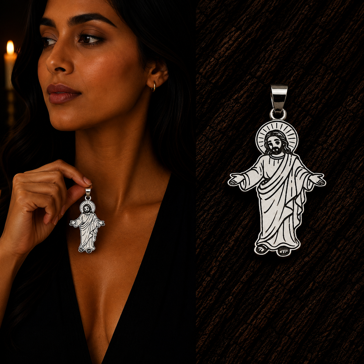 Jesus Christ sterling silver pendant, shown with a woman for scale and displayed close-up against a dark wood background.
