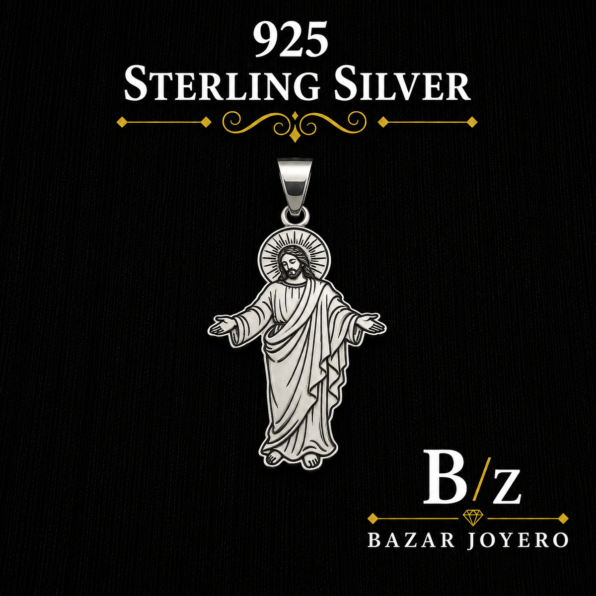 Jesus Christ open arms 925 sterling silver pendant featuring detailed engraved artwork and a polished silver finish.