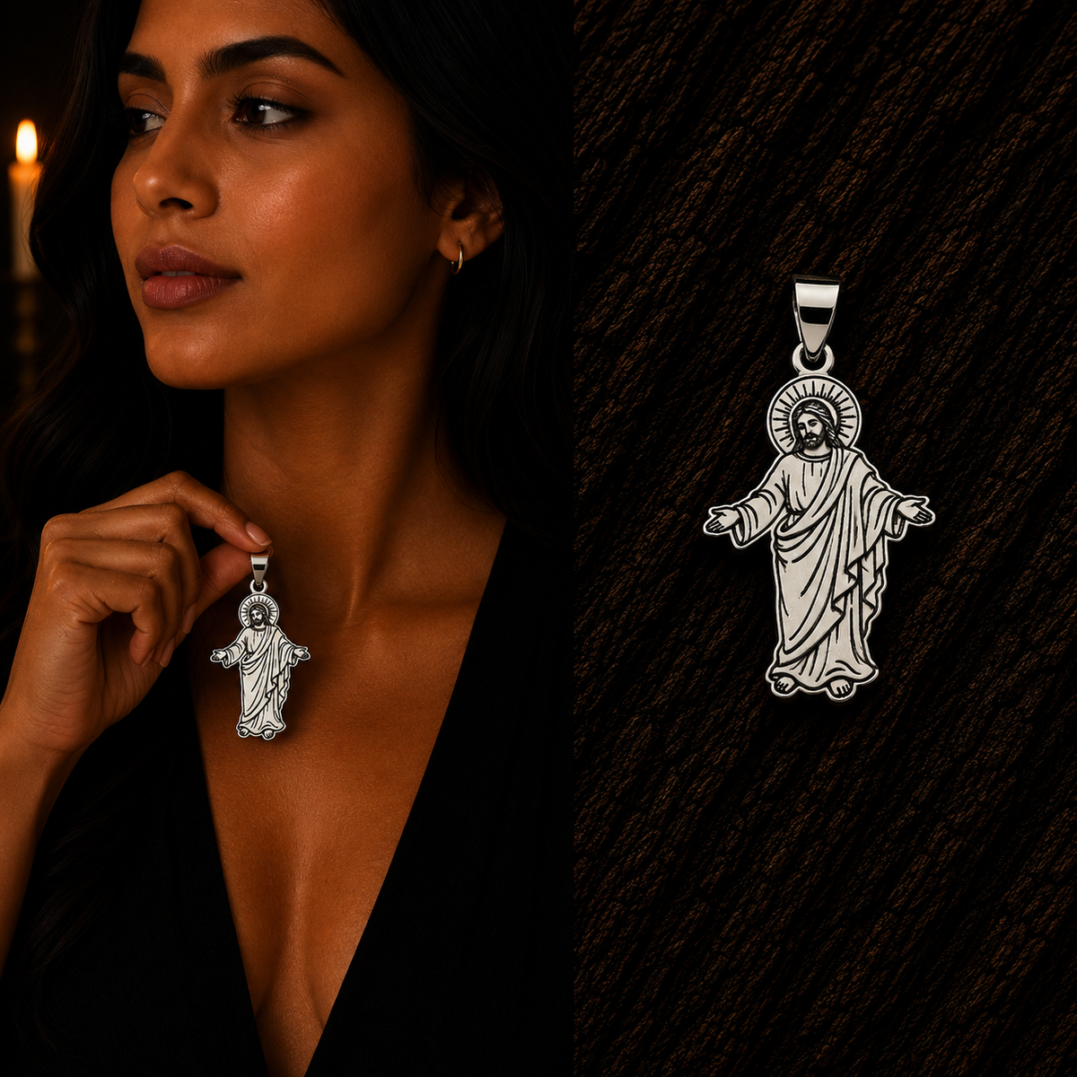 Jesus Christ open arms sterling silver pendant, shown with a woman for scale and displayed close-up against a dark wood background.