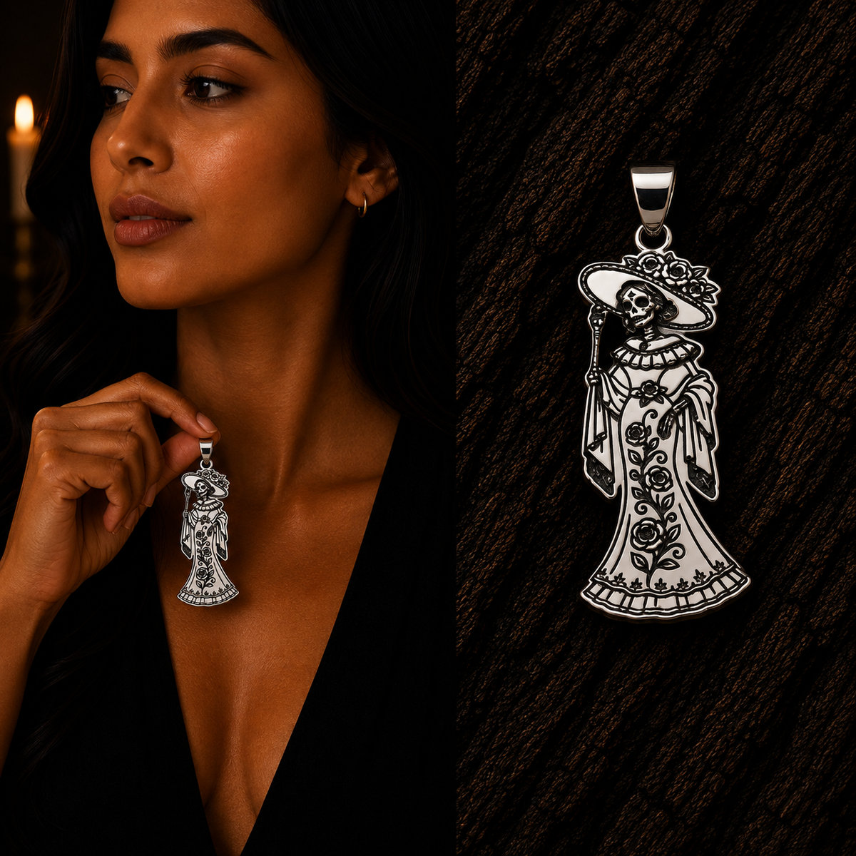 Catrina floral sterling silver pendant, shown with a woman for scale and displayed close-up against a dark wood background.