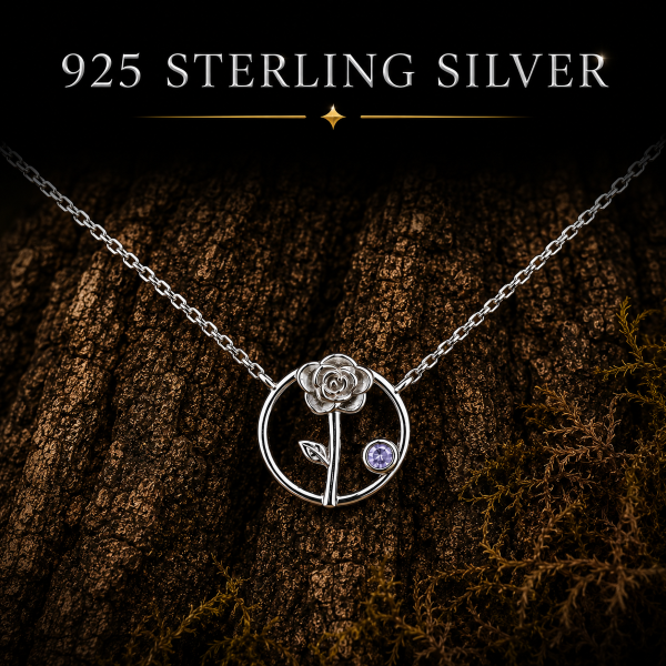 Elegant 925 Sterling Silver Rose Necklace featuring a delicate rose pendant with a sparkling cubic zirconia accent on an 18-inch chain. Includes a FREE Gift Box and Silver Polishing Cloth. Perfect for everyday wear, birthdays, anniversaries, and special gifts. Quantity discounts available.