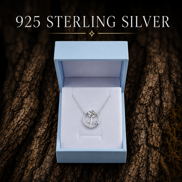 Elegant 925 Sterling Silver Rose Necklace featuring a delicate rose pendant with a sparkling cubic zirconia accent on an 18-inch chain. Includes a FREE Gift Box and Silver Polishing Cloth. Perfect for everyday wear, birthdays, anniversaries, and special gifts. Quantity discounts available.