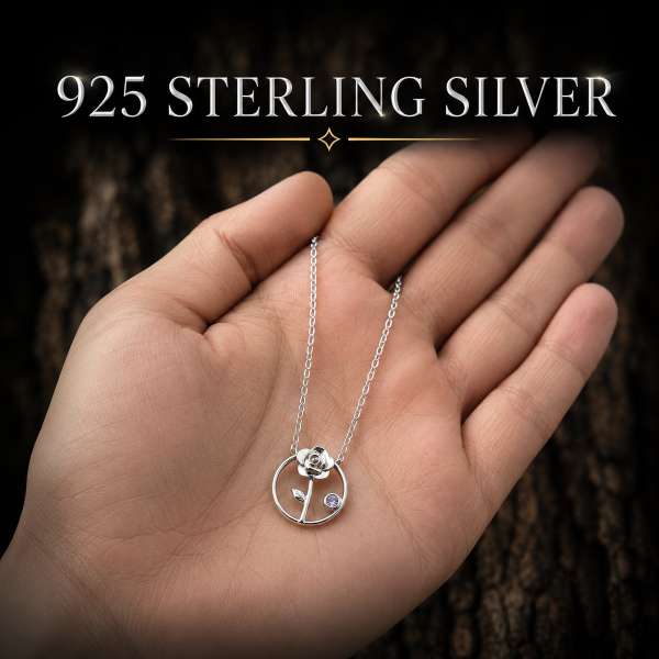 Elegant 925 Sterling Silver Rose Necklace featuring a delicate rose pendant with a sparkling cubic zirconia accent on an 18-inch chain. Includes a FREE Gift Box and Silver Polishing Cloth. Perfect for everyday wear, birthdays, anniversaries, and special gifts. Quantity discounts available.