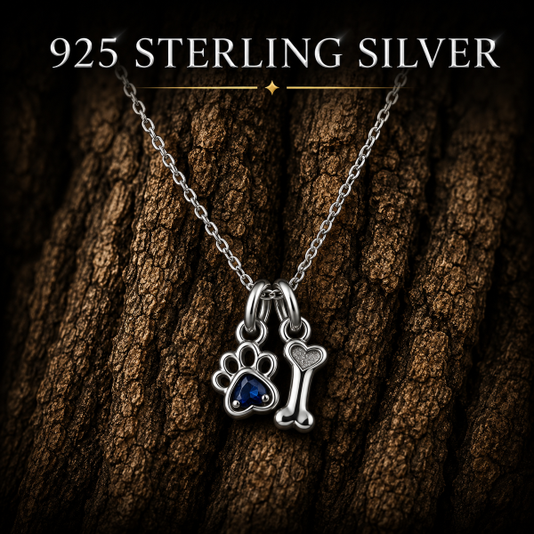 925 Sterling Silver Paw Print and Bone Necklace with Blue Heart Cubic Zirconia Pendant
