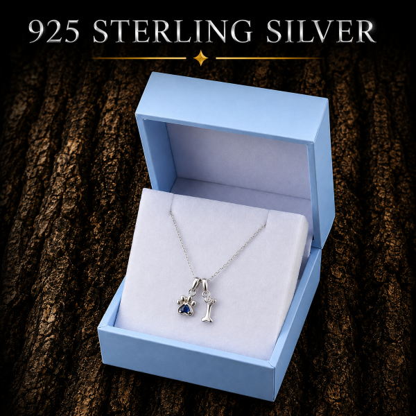 925 Sterling Silver Paw Print and Bone Necklace presented in FREE Gift Box