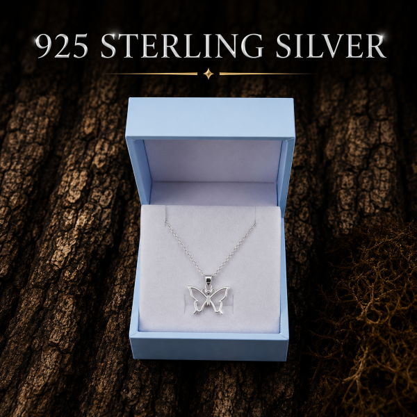 925 Sterling Silver Butterfly Necklace with an elegant polished finish and 18-inch chain. FREE Gift Box included and quantity discounts available.