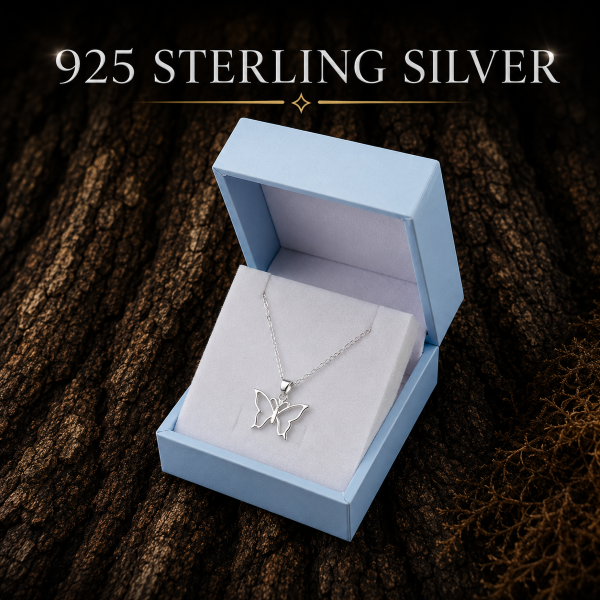 925 Sterling Silver Butterfly Necklace with an elegant polished finish and 18-inch chain. FREE Gift Box included and quantity discounts available.